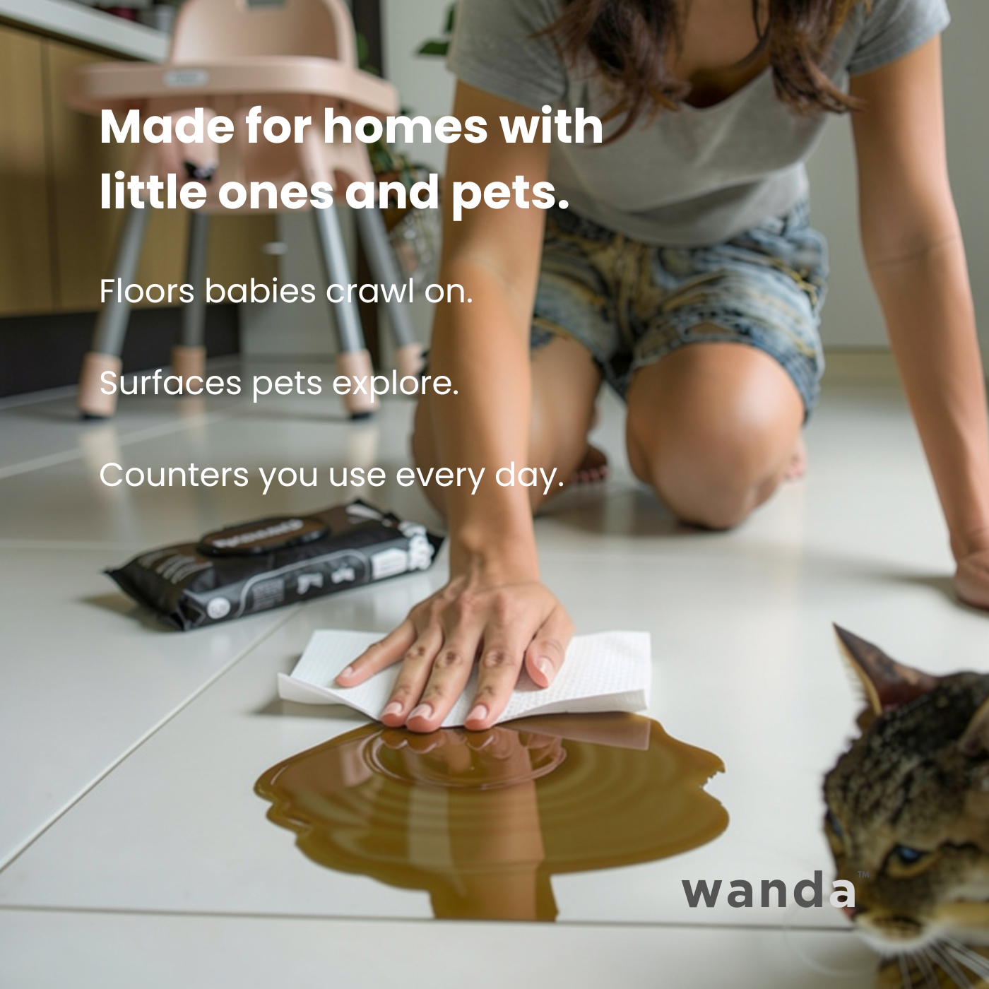 Wanda Everyday Wipes – Multi-Surface Cleaning | Plant-Derived, Unscented, Alcohol-Free | 40 Sheets