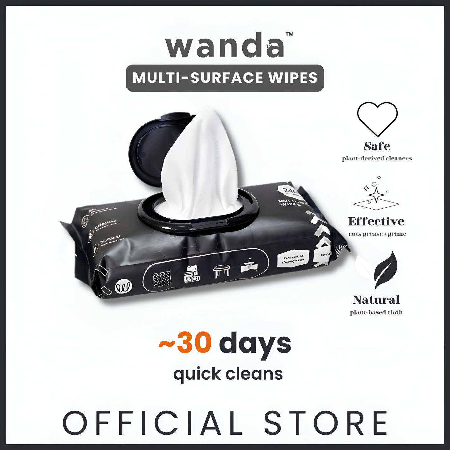 Wanda Everyday Wipes – Multi-Surface Cleaning | Plant-Derived, Unscented, Alcohol-Free | 40 Sheets
